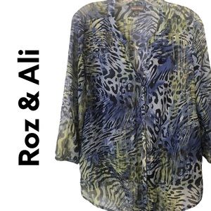 Roz & Ali Sheer Animal Print Top Blue and Green Tie waist L